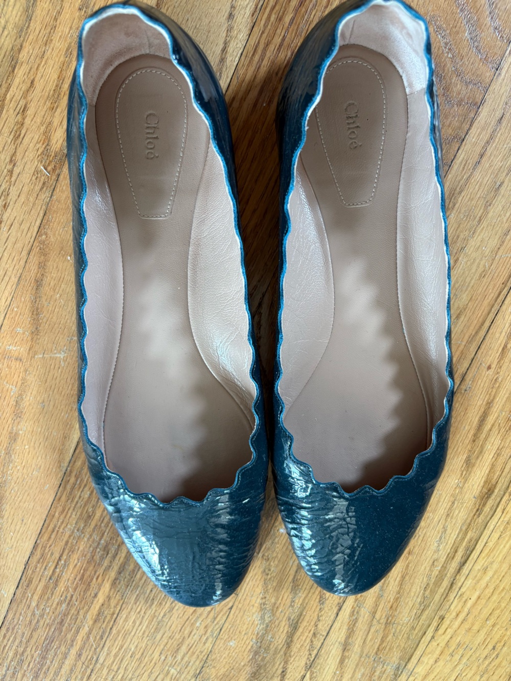 Chloe Lauren Scalloped Leather Ballet Flats Dark Teal